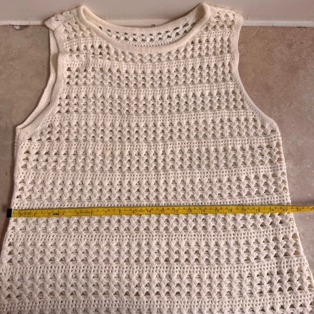 Ivory Open Knit Sleeveless Sweater Tunic Swim Cover Dress Womens Size L Beach